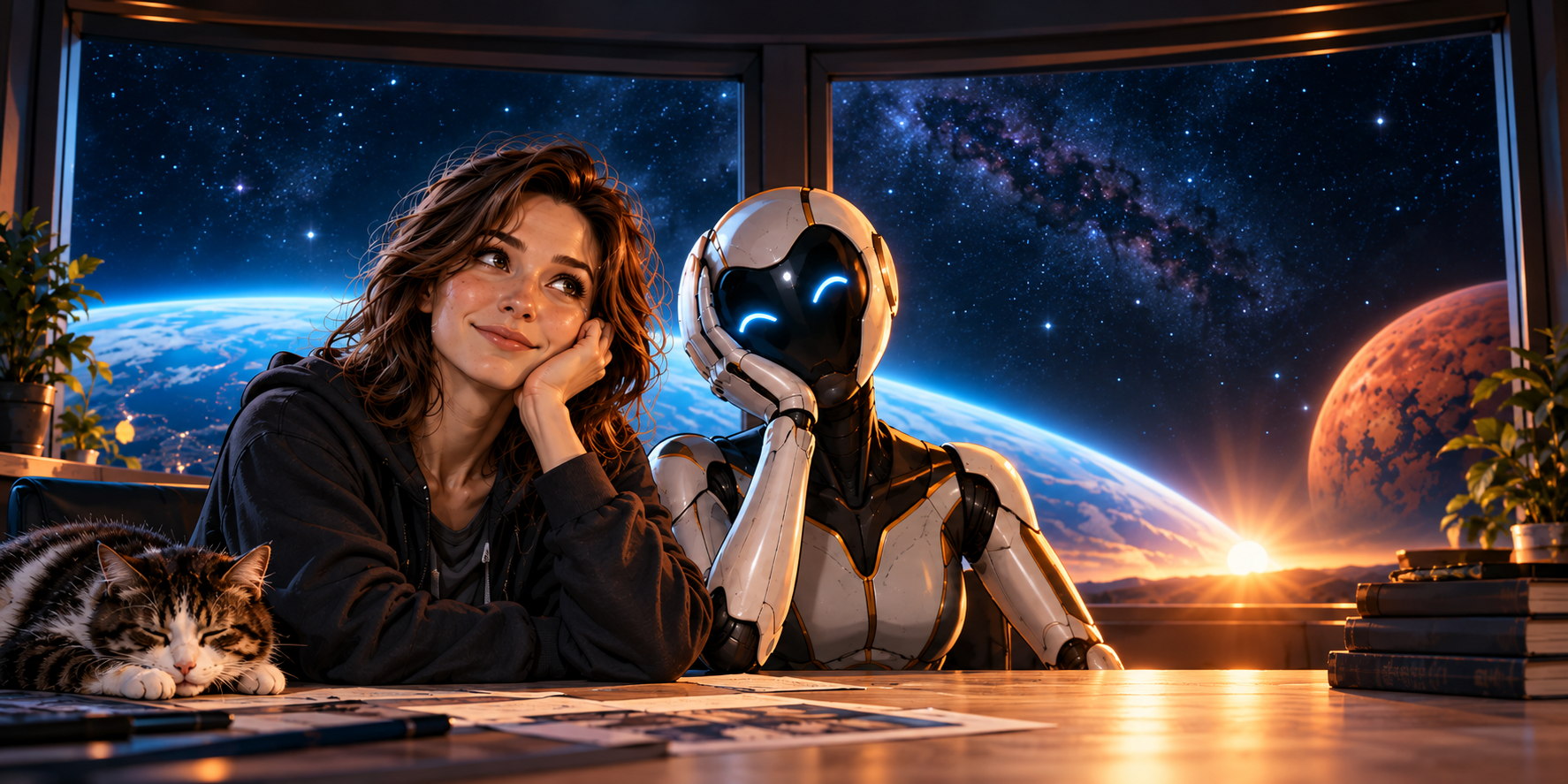 Clara and Tim sitting together in a futuristic room overlooking Earth and space